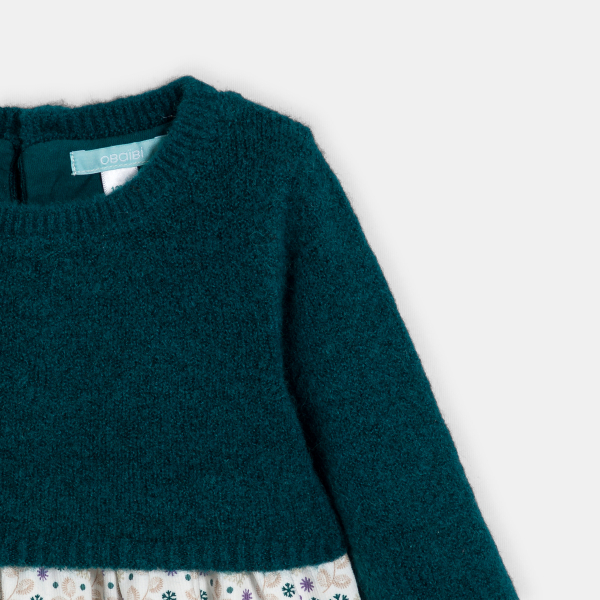 فستان منسوج من مادتين، من الجيرسي والنسج بالدرز باللون الأخضر للفتيات الرضع.